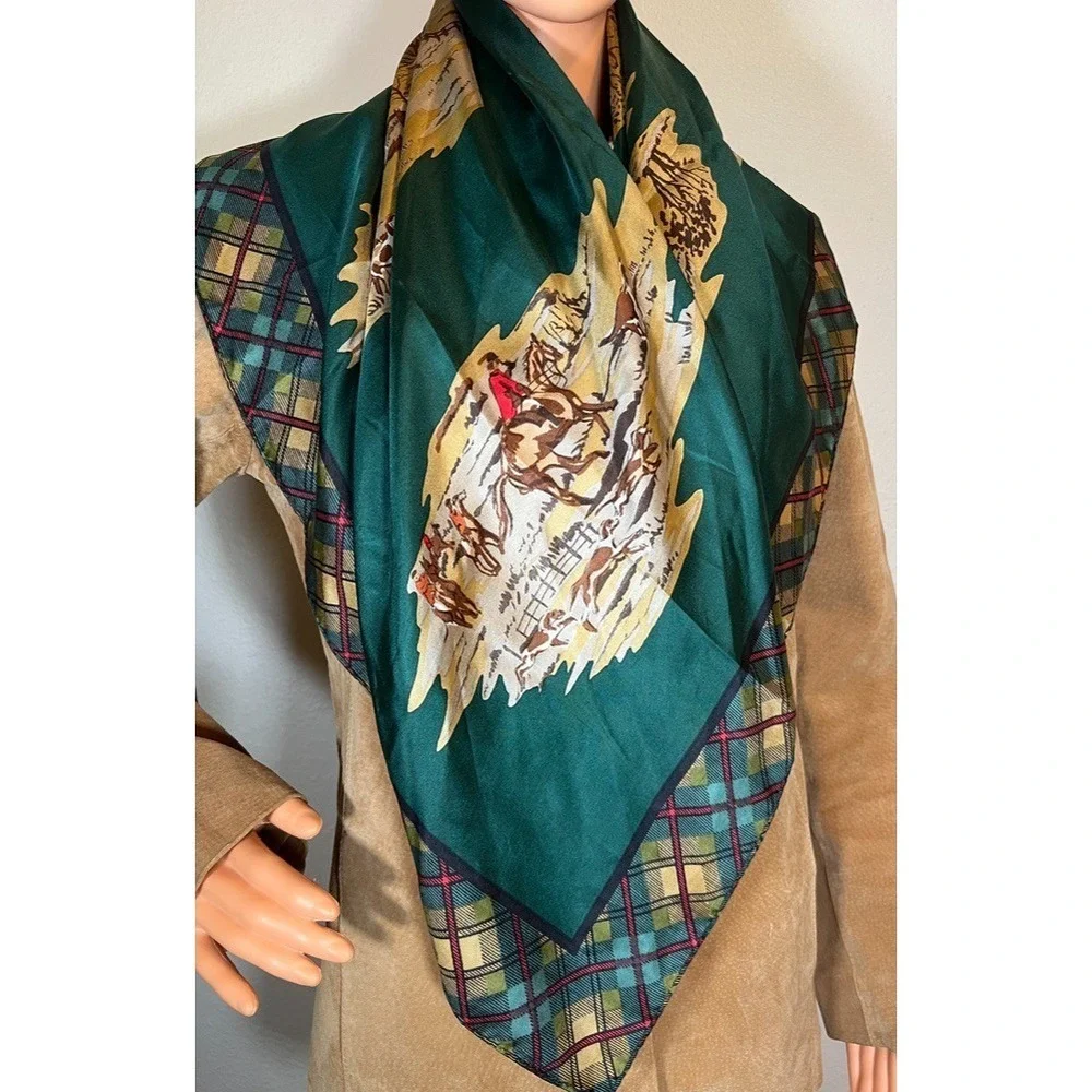 Vintage Equestrian Scarf Fox Hunt Plaid Satin Scarf‎ Green Preppy Classic Horse